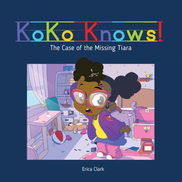 An illustration of a young girl detective in a cluttered room, looking for clues for 'KoKo Knows!: The Case of the Missing Tiara!'.