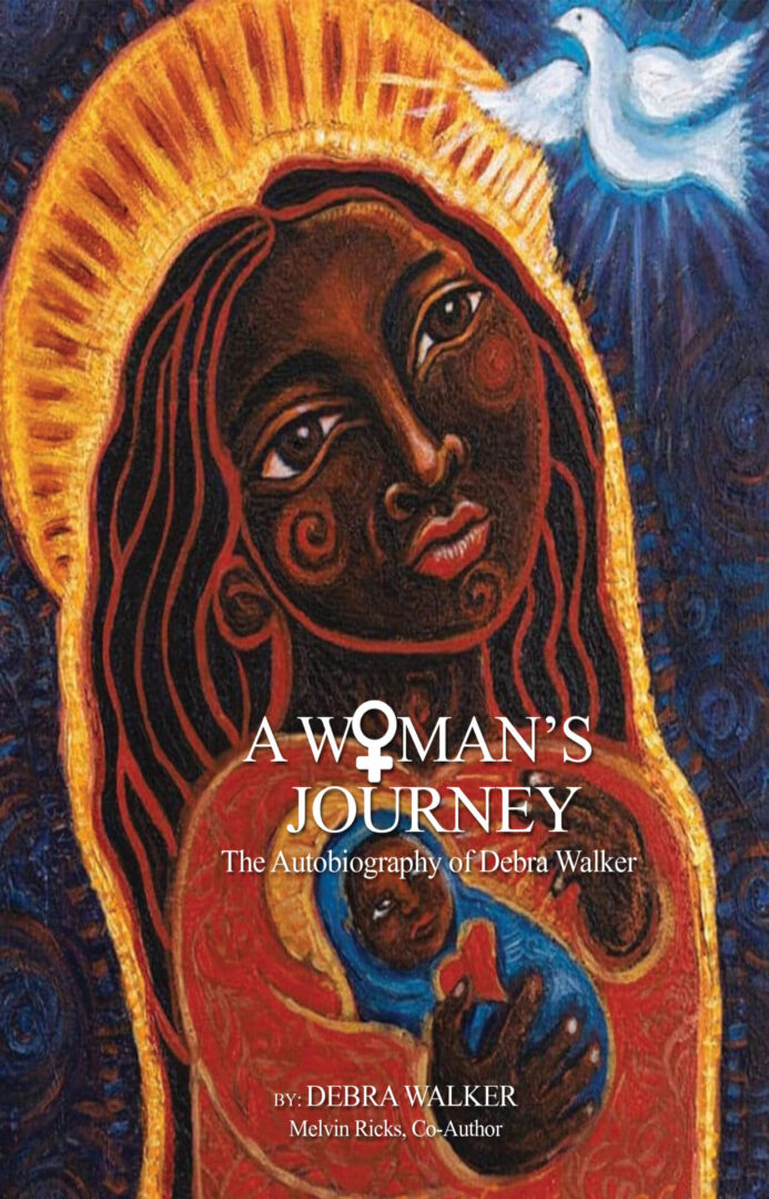Book cover featuring an artistic painting of a woman with a halo, gazing upwards towards a white dove, titled "A Woman's Journey".