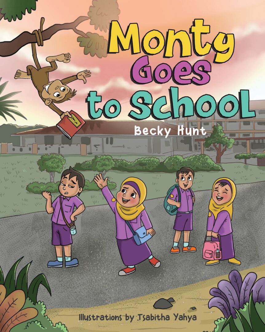 Children and a monkey on their way to school, depicted on the cover of "Monty Goes to School" by Becky Hunt, illustrated by Tabitha Yahya.