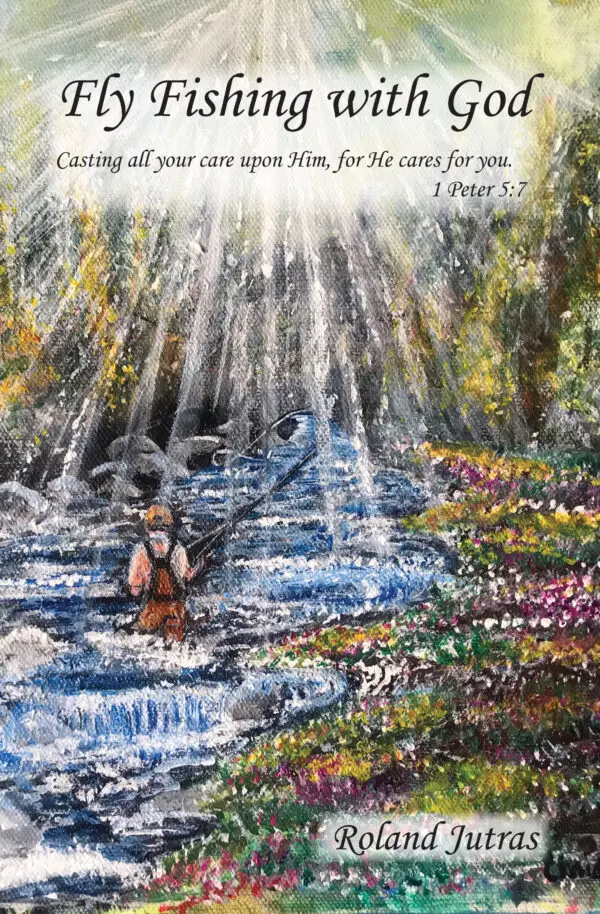 Person engaging in Fly Fishing with God amidst a serene and colorful forest landscape, with an inspirational biblical reference.