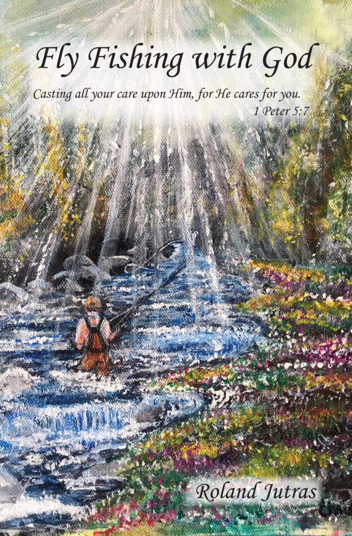 Person engaging in Fly Fishing with God amidst a serene and colorful forest landscape, with an inspirational biblical reference.