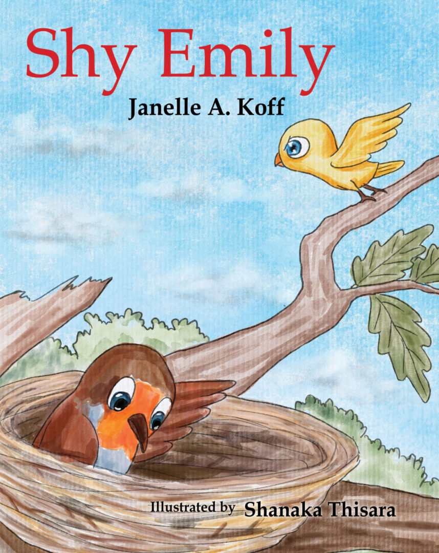 A book cover illustration for Shy Emily by Janelle A. Koff, featuring a bird in a nest and another flying nearby, illustrated by Shanaka Thisara.