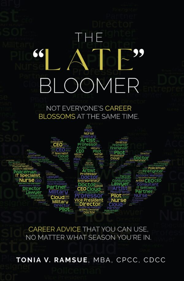 Promotional poster for The "Late" Bloomer, highlighting career development challenges with a backdrop of various job titles.