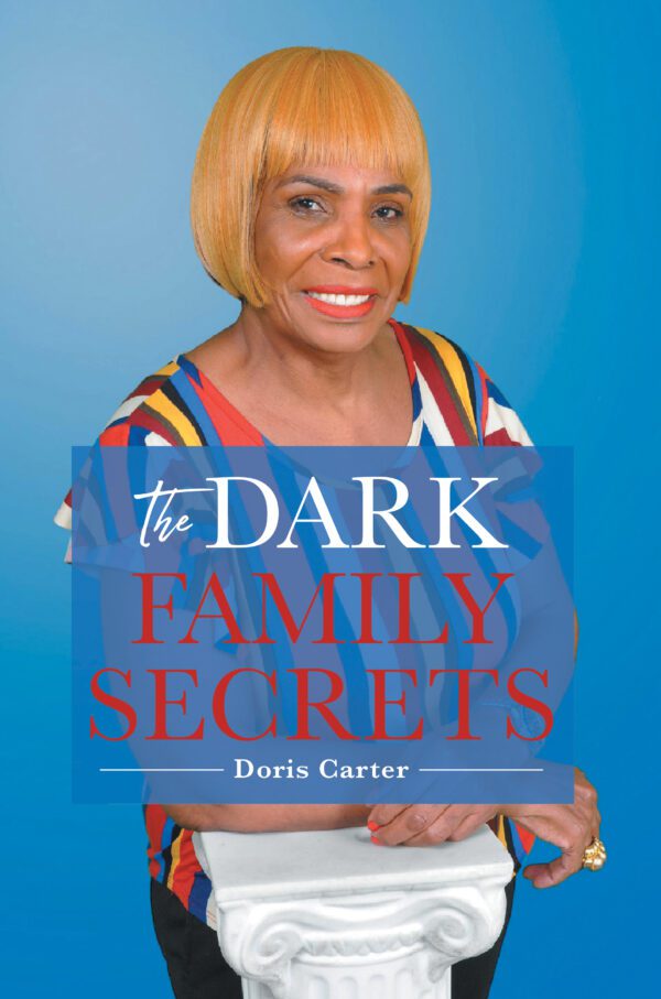 Sentence with replaced product name: Woman holding a book titled "The Dark Family Secrets" by Doris Carter, smiling against a blue background.