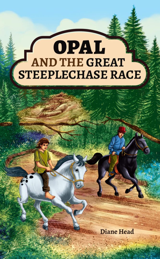 Two riders on horses racing through a forested landscape, with the title "Opal and the Great Steeplechase Race" displayed above.