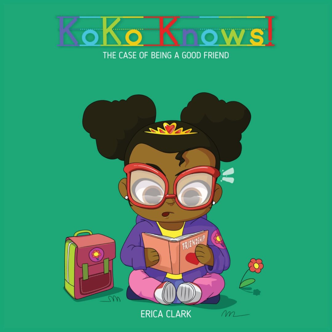 Animated girl reading a book about friendship with a backpack beside her, from the series 'KoKo Knows! The Case of Being a Good Friend'.