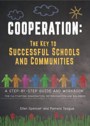 Educational book cover titled "Cooperation - Step-by-Step Guide & Workbook" with colorful paper doll chain.