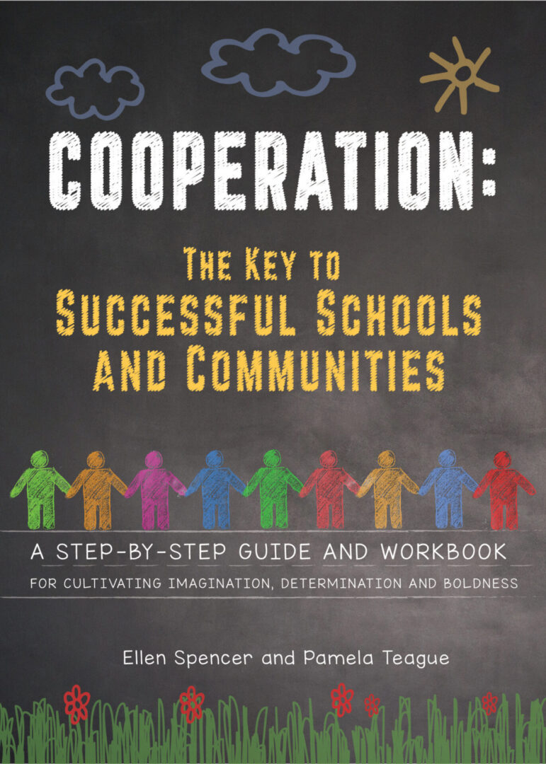 Educational book cover titled "Cooperation - Step-by-Step Guide & Workbook" with colorful paper doll chain.