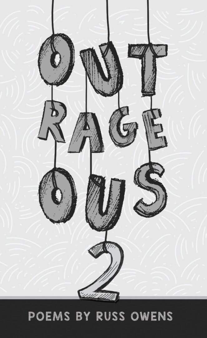 Book cover for 'Outrageous Poems 2' featuring the title hanging from strings.