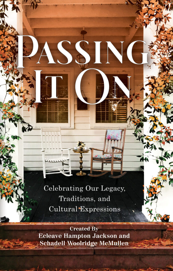 A book cover titled "Passing It On," featuring a chair on a porch surrounded by falling leaves, suggesting themes of heritage and tradition.