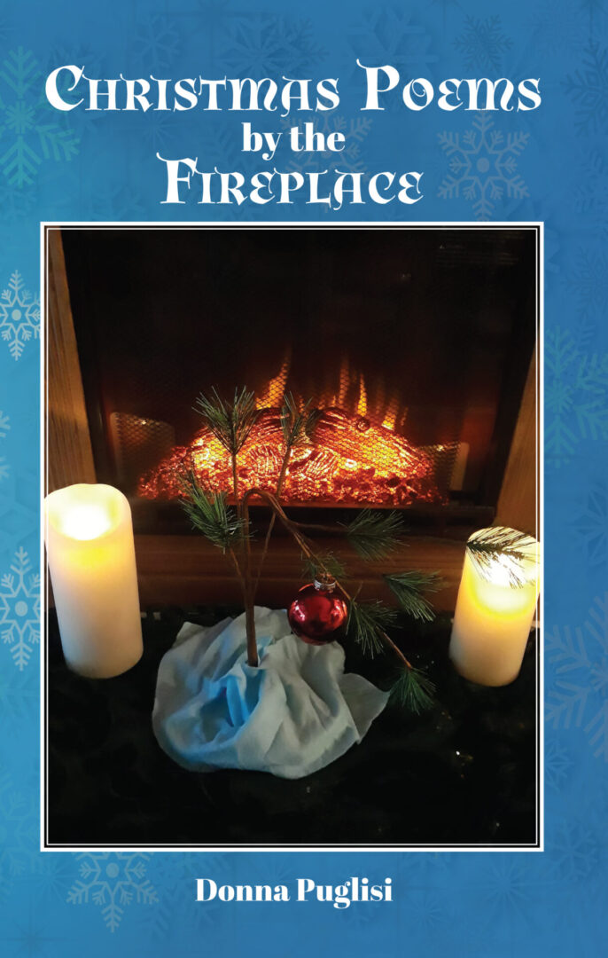 Christmas Poems by the Fireplace" book cover featuring a lit fireplace, candles, and a small pine branch with a red ornament.