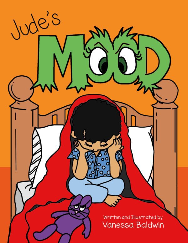 Illustration of a child sitting on a bed with a red blanket and a green, monster-like representation of mood hovering above, from the cover of Jude's Mood by vanessa baldwin.