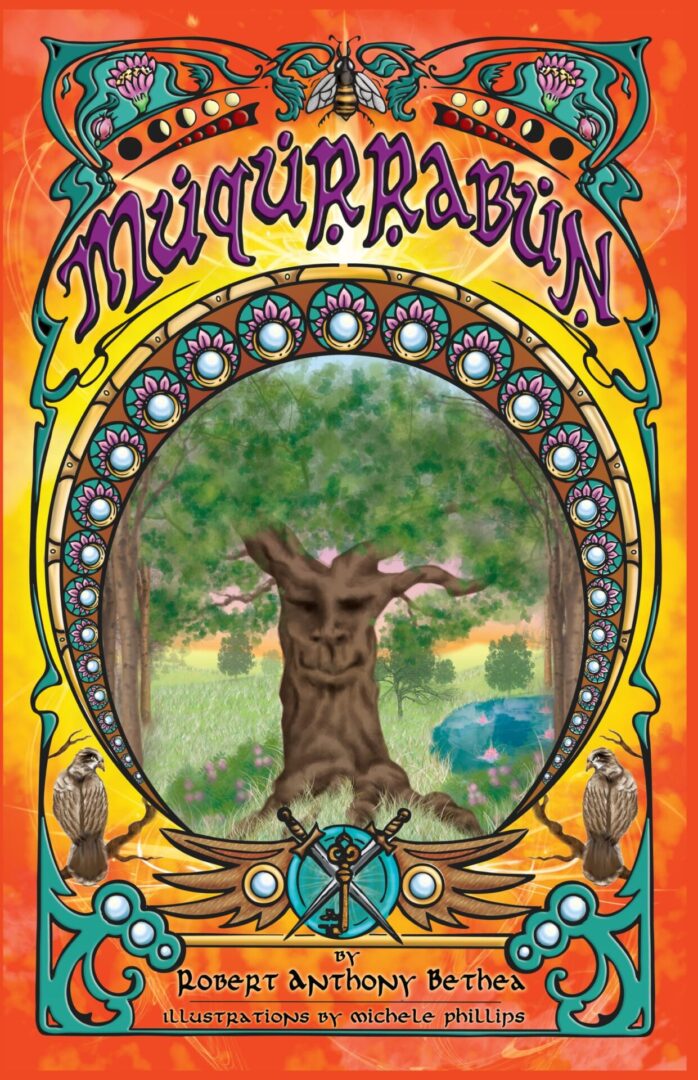 Colorful book cover titled "Muqurrabun: The Land of Majid" featuring an illustration of an anthropomorphic tree in a forest setting with intricate border designs.