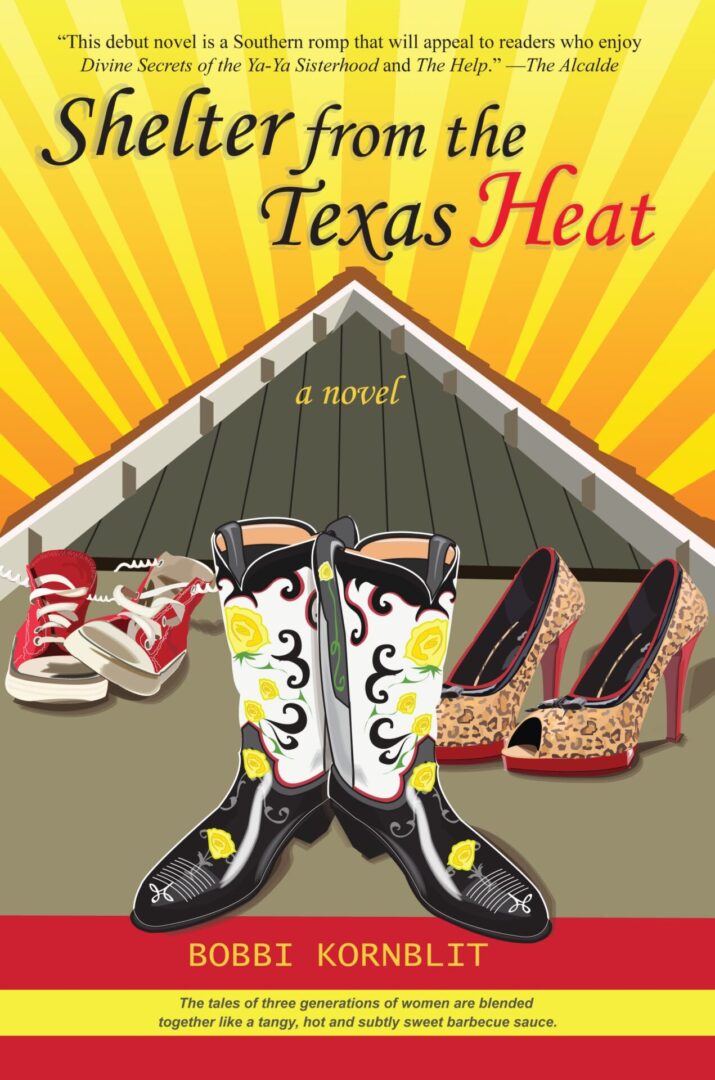 Promotional poster for the novel 'Shelter from the Texas Heat' featuring an array of footwear under a stylized roof.