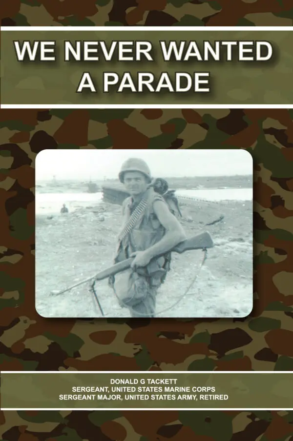 A soldier in a warzone with a message highlighting a preference for peace over We Never Wanted a Parade.