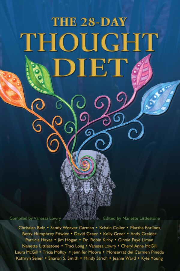 Book cover of The 28-Day Thought Diet featuring colorful, whimsical feather designs.