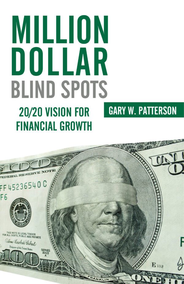 A book cover titled "Million Dollar Blind Spots" featuring an image of a US hundred-dollar bill with a blindfold over Benjamin Franklin's eyes.