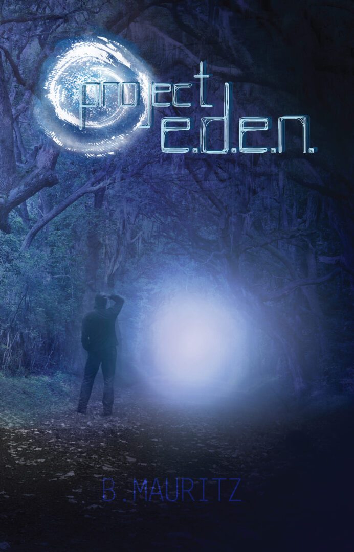 Man standing in a forest at night, looking at a glowing orb with the words "Project E.D.E.N." written above.