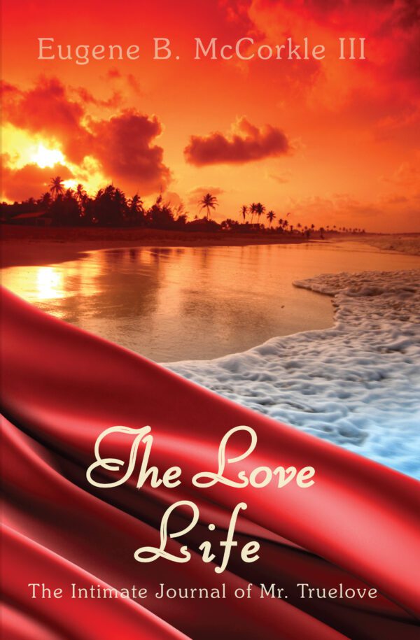 A book cover titled "The Love Life" featuring a sunset over a beach with rolling waves and the silhouette of palm trees.