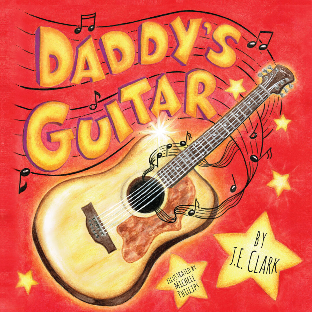 Illustration of a book cover titled "Daddy’s Guitar" with a sparkling guitar surrounded by musical notes on a red background.