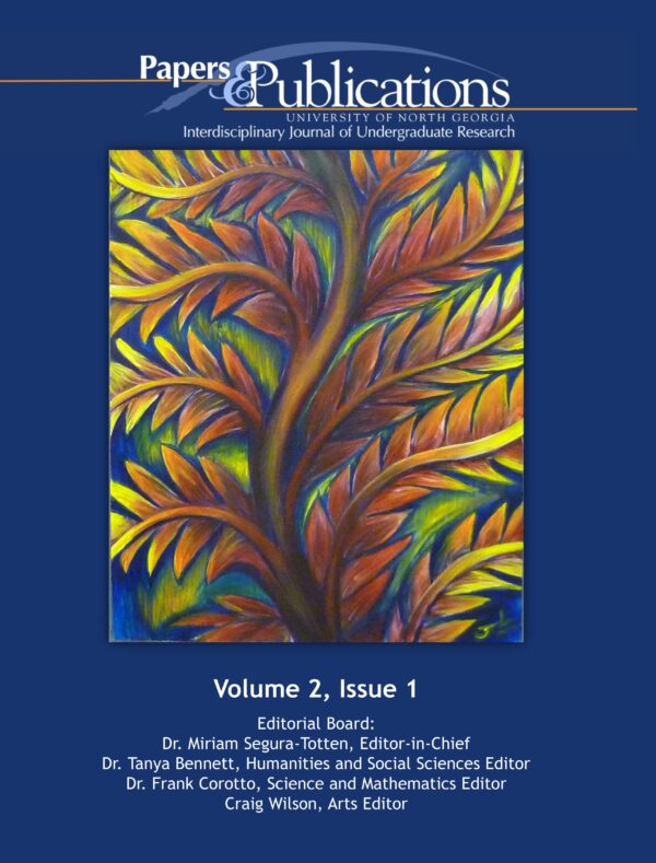 Papers & Publications - Vol 2 Issue 1 Cover of the interdisciplinary journal of undergraduate research published by the university of North Georgia, featuring an abstract painting with vibrant swirling patterns.