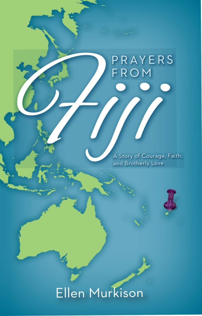 A book cover titled "Prayers from Fiji" by Ellen Murkison, featuring a map of islands and a toy robot on a blue oceanic background.