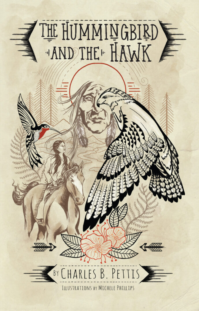 Illustrated book cover for "The Hummingbird and the Hawk" by Charles B. Pettis, featuring stylized imagery of a hummingbird, hawk, horse rider, and flowers with a vintage aesthetic.