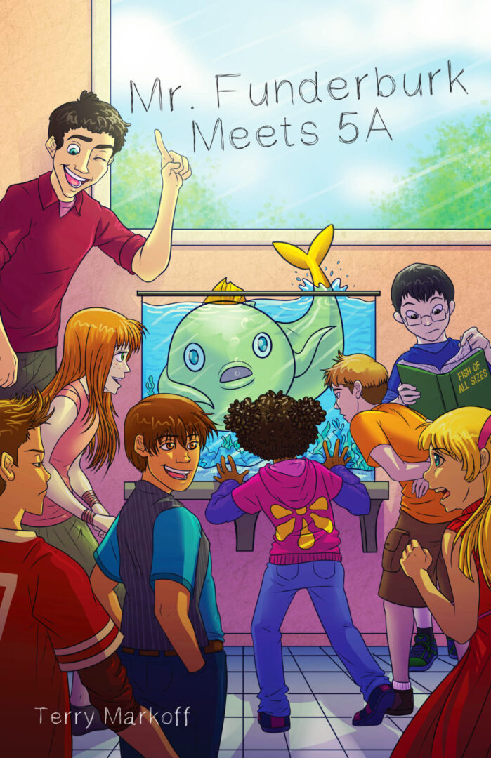 A colorful illustration of a classroom scene where children appear excited to see a fish tank containing Mr. Funderburk Meets 5A as a cheerful adult gestures towards it.