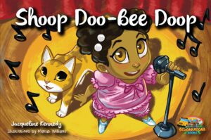 A colorful illustration of a young girl singing into a microphone with a cat beside her, appearing to sing along, from a children's book cover titled "Shoop Doo-Bee Doop.