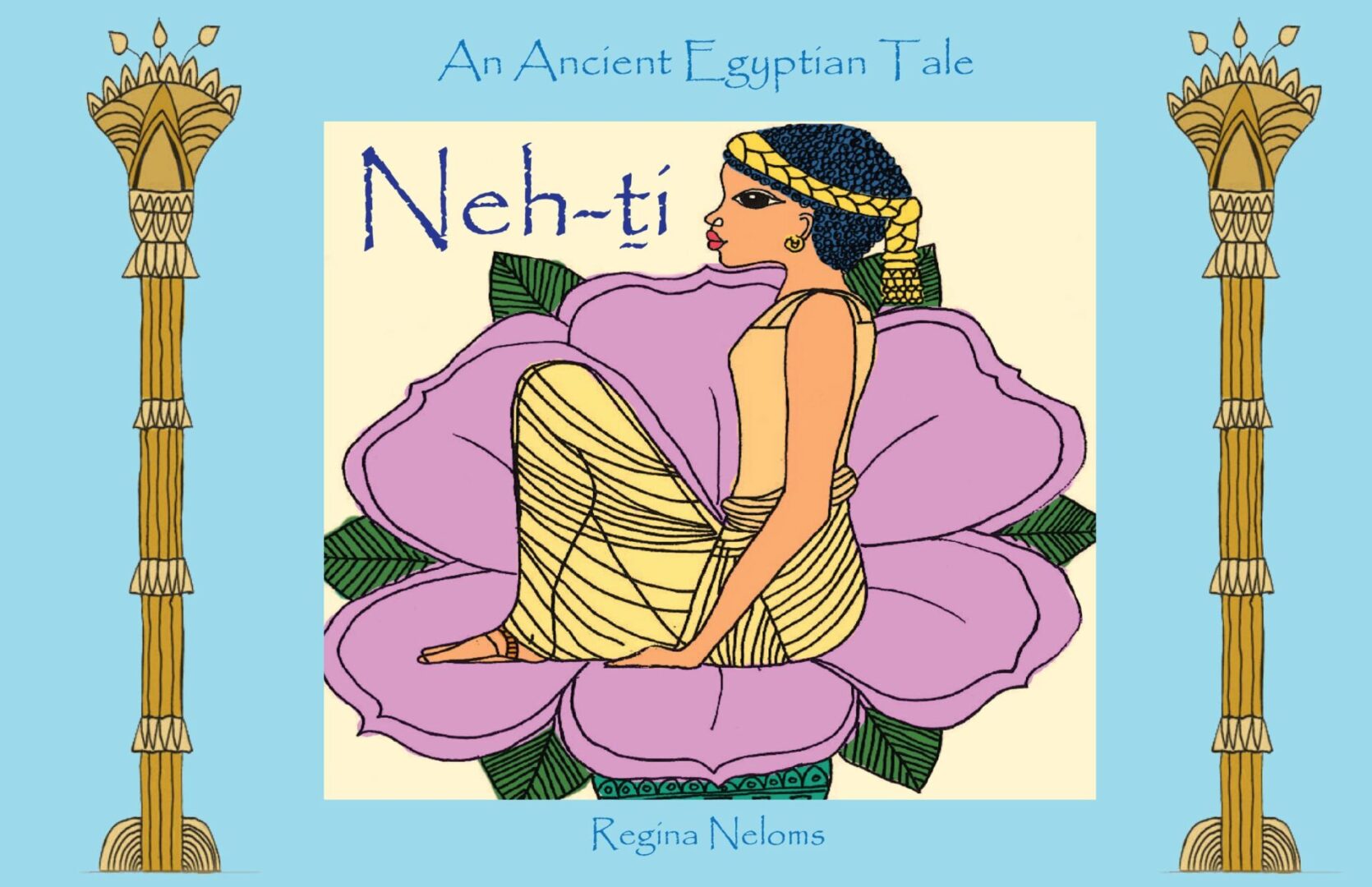 Illustration of a stylized ancient egyptian figure on a purple flower, representing a character from "Neh-ti: An Ancient Egyptian Fairy Tale.