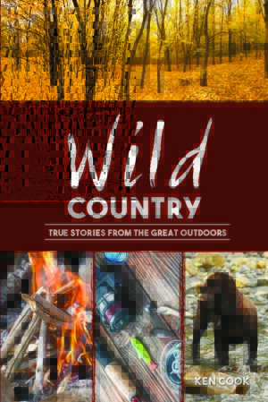 Book cover titled "Wild Country: True Stories from the Great Outdoors" featuring images of a forest in autumn, camping gear, and a dog by a campfire.