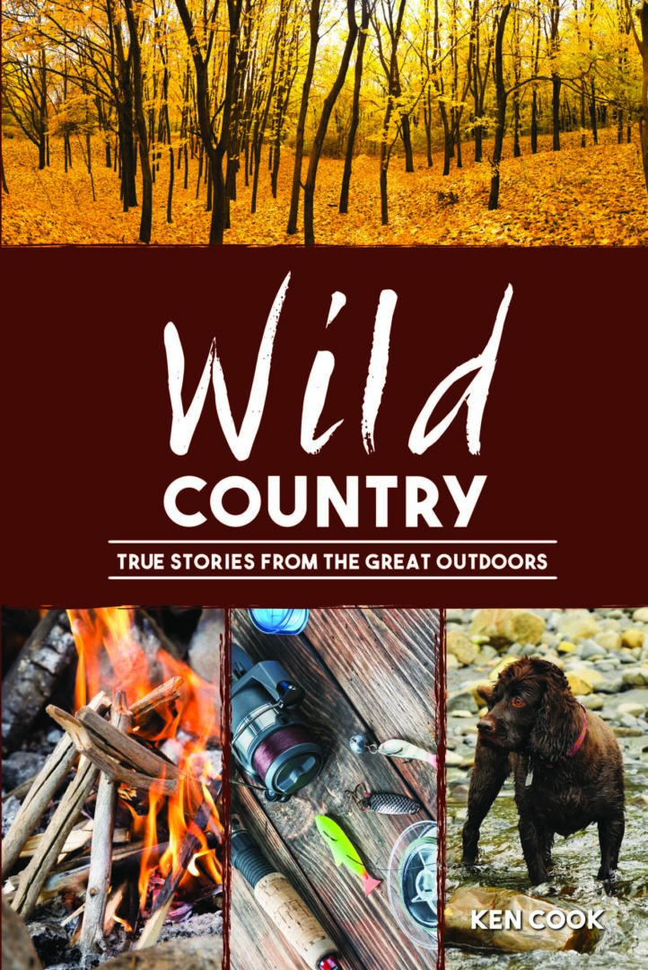 Book cover titled "Wild Country: True Stories from the Great Outdoors" featuring images of a forest in autumn, camping gear, and a dog by a campfire.