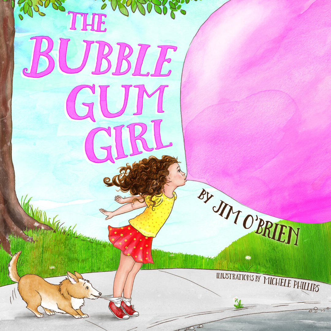 Illustration of The Bubble Gum Girl blowing a large bubble gum bubble next to a curious dog on a sunny day.