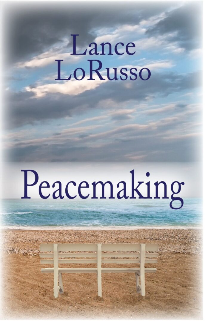 Sentence using the product name: Peacemaking cover featuring a bench facing the sea under a cloudy sky with the title "peacemaking" and the author's name "lance lorusso.