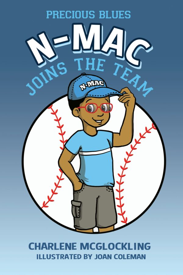 Illustrated cover of the book "N-Mac Joins the Team" featuring a cartoon of a young boy with a baseball cap and glove.