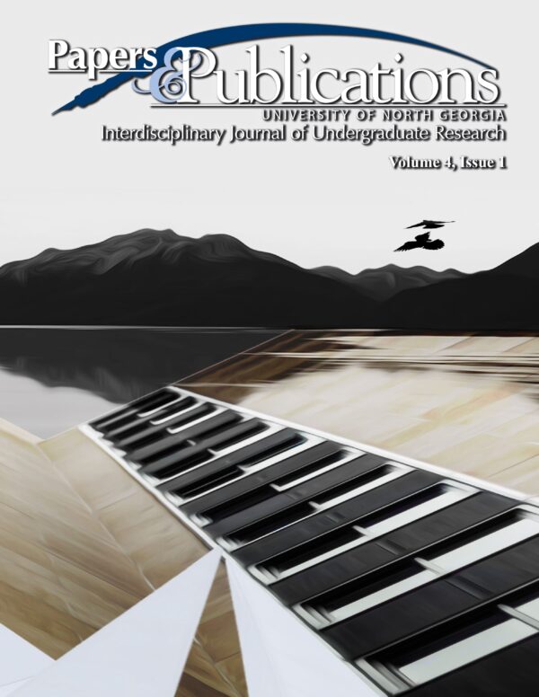 Cover of "Papers & Publications - Vol 4 Issue 1" by the university of north georgia, featuring a stylized piano keyboard and mountain silhouette design.