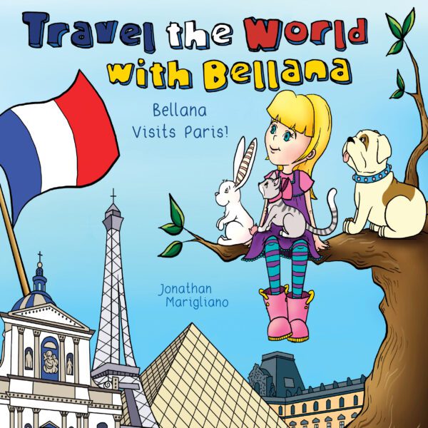 Illustration of a girl with animals sitting on a tree branch with the Eiffel Tower and French flag in the background, titled "travel the world with Bellana Visits Paris!.