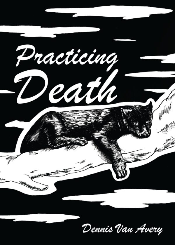 Book cover art featuring a black cat lying on a branch with the title 'Practicing Death' by Dennis Van Avery.