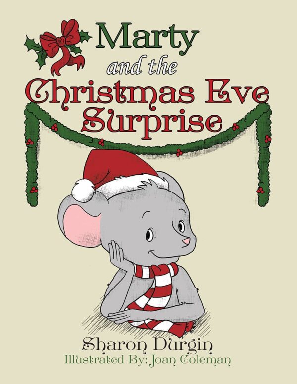 "Book cover illustration depicting Marty and the Christmas Eve Surprise, an anthropomorphic elephant named marty dressed in a santa hat and striped scarf, excited about a christmas eve surprise.