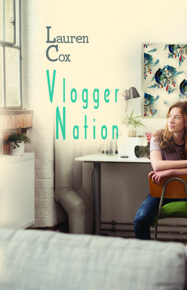 Young woman sitting by a desk near a window, possibly daydreaming or contemplating, with the text "lauren cox - Vlogger Nation" overlaying the image.