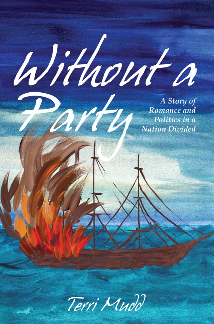 A book cover titled "Without a Party" featuring an illustration of a burning ship at sea with a dark blue and black sky in the background.