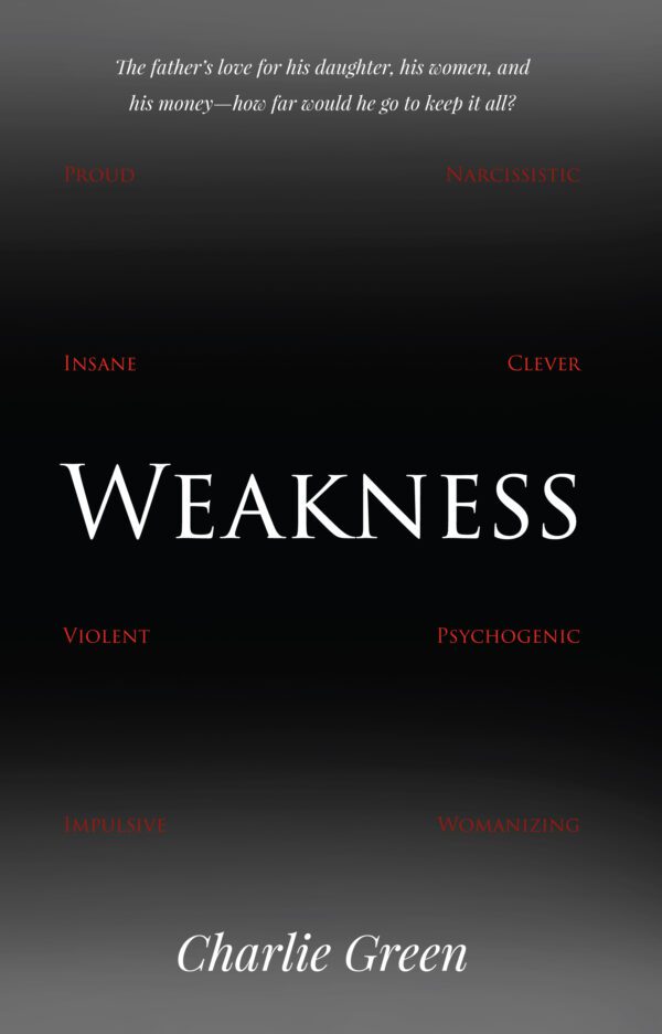 Black and red Weakness cover with the title "weakness" at the center, surrounded by character traits, and an ambiguous quote at the top.