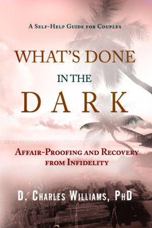 A book cover for "What's Done in the Dark" by d. charles williams, phd, featuring a sunset or sunrise backdrop with palm trees and a bridge silhouette.