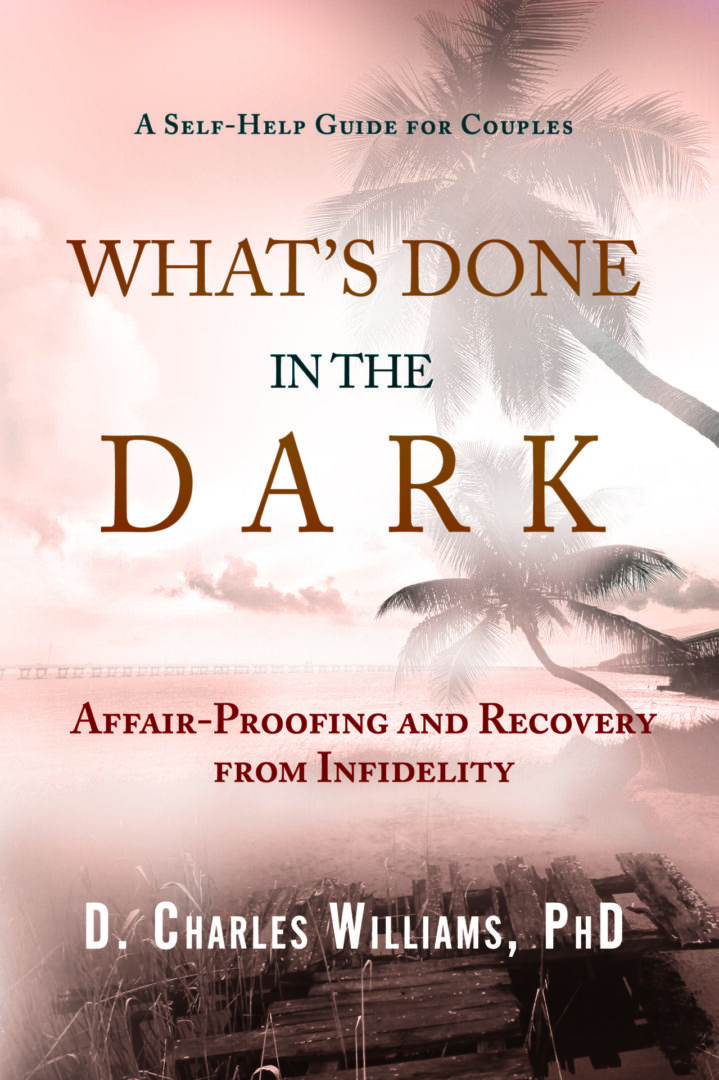 A book cover for "What's Done in the Dark" by d. charles williams, phd, featuring a sunset or sunrise backdrop with palm trees and a bridge silhouette.