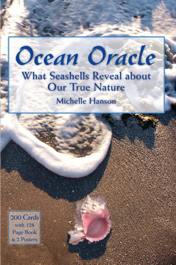 Cover of the Ocean Oracle Kit by Michelle Hanson featuring a seashell on the beach with waves approaching.