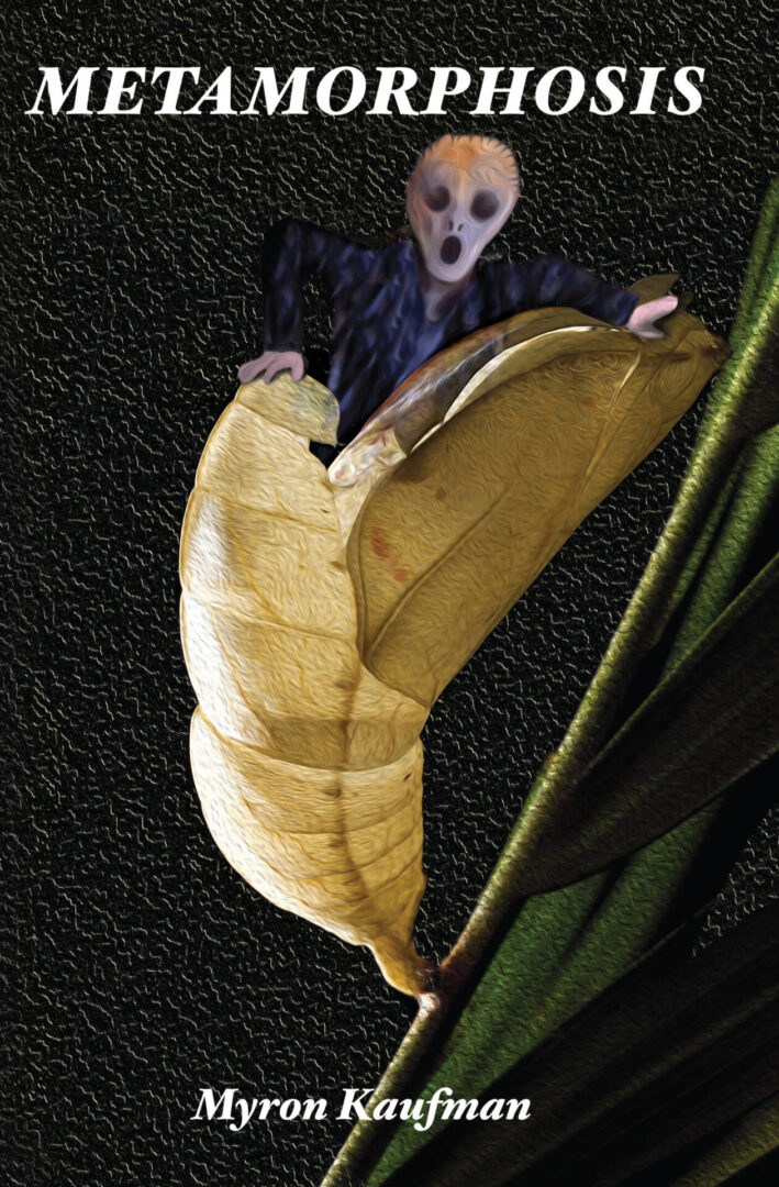 A surreal book cover titled "Metamorphosis" featuring a figure with an elongated, screaming face emerging from a yellow cocoon against a dark textured background.