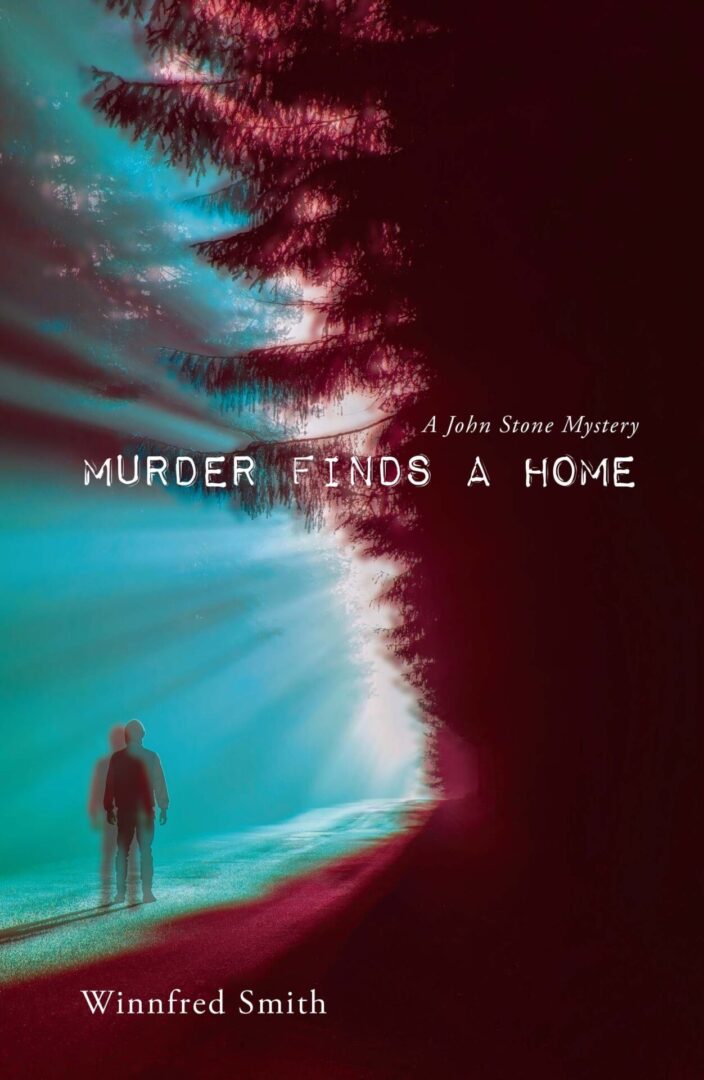 Two silhouetted figures walking down a path shrouded in red and blue hues, with the title "Murder Finds a Home - Hardcover" by winnfred smith, suggesting a mystery novel cover.