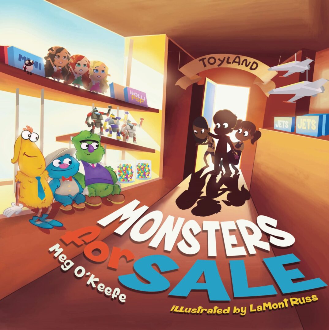 Sentence with product name: Colorful illustrated book cover titled "Monsters for Sale," displaying whimsical cartoon monsters inside a toy store with various toys and sections labeled, such as "Toyland" and "Dolls.