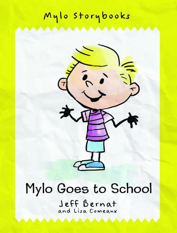 Illustration of a cheerful cartoon boy titled "Mylo Goes to School" on a yellow crumpled paper background.