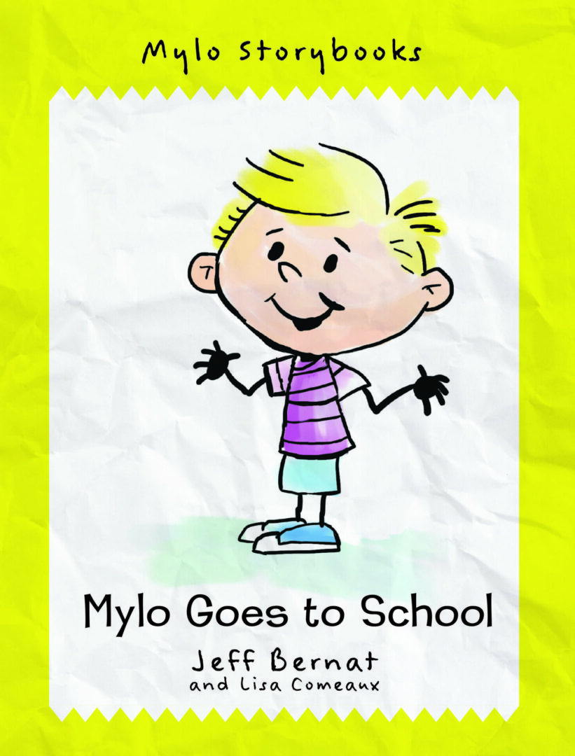 Illustration of a cheerful cartoon boy titled "Mylo Goes to School" on a yellow crumpled paper background.